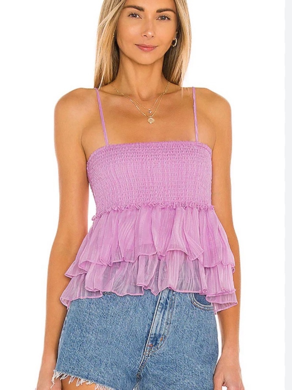 BB Dakota by Steve Madden Lilac Smocked Ruffle Spaghetti Strap Crop Top